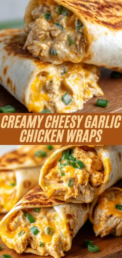 creamy cheesy garlic chicken wraps stacked with cheese pull, green onions, grilled tortillas