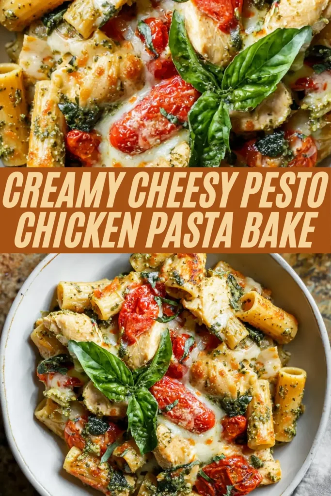 Creamy cheesy pesto chicken pasta bake with penne pasta, tender chicken, sun-dried tomatoes, spinach, melted cheese, and fresh basil garnish