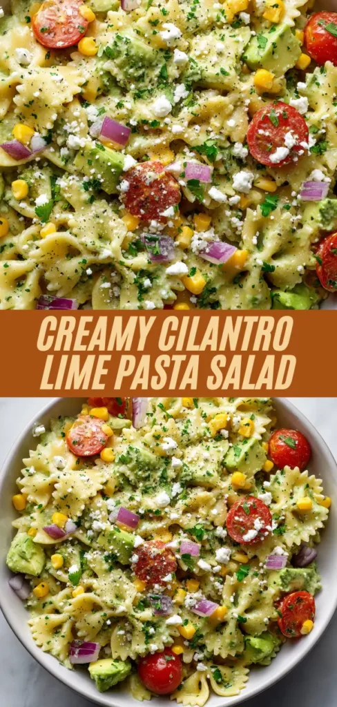 Creamy cilantro lime pasta salad recipe topped with avocado, corn, tomatoes, red onions, feta cheese, cilantro in white bowl
