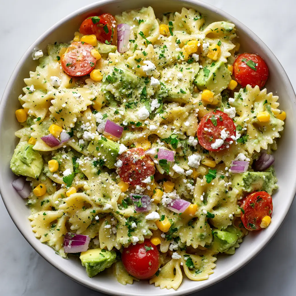 Creamy cilantro lime pasta salad with bowtie pasta, avocado, corn, cherry tomatoes, red onion, feta cheese, and fresh cilantro