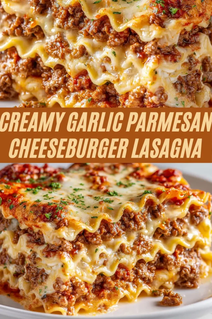 Creamy garlic parmesan cheeseburger lasagna slice showing layers of beef sauce, noodles, cheese with parsley garnish