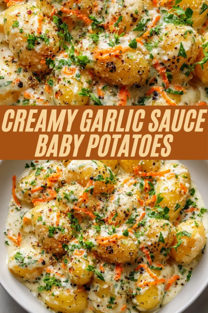 CREAMY GARLIC SAUCE BABY POTATOES overlay potatoes sauce carrots parsley pepper white bowl.