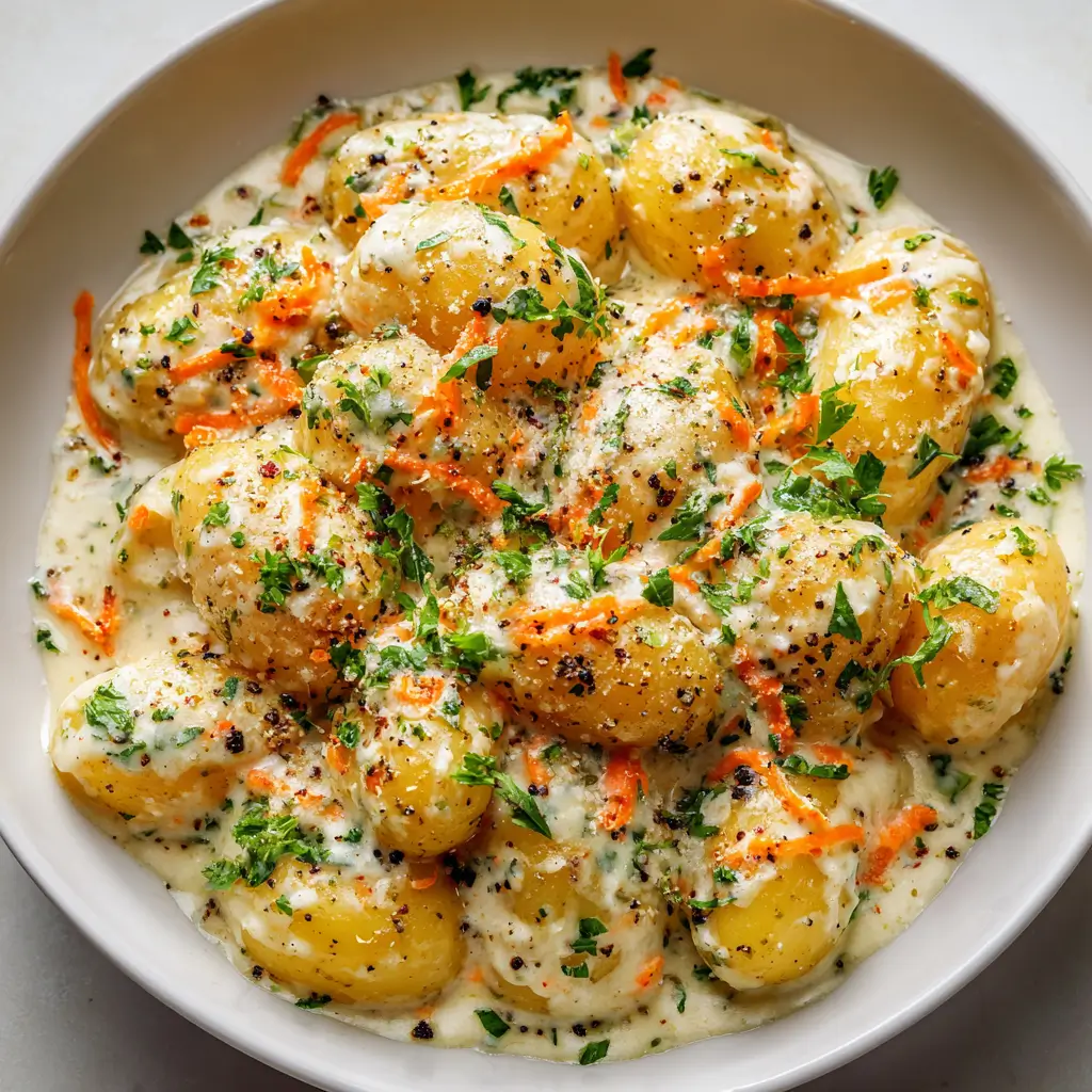 Baby potatoes creamy garlic sauce bowl roasted potatoes parmesan chives carrot shreds white bowl overhead.