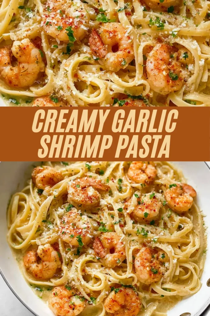Vertical recipe pin for creamy garlic shrimp pasta with pasta bowls and orange title overlay