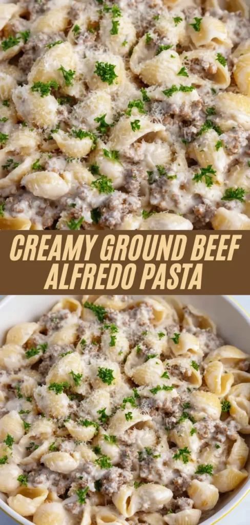 creamy ground beef alfredo pasta shells with beef, cheese, parsley in bowl and overhead view