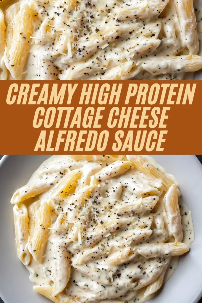 Creamy high protein cottage cheese Alfredo penne pasta in a white bowl, topped with grated Parmesan and cracked black pepper.