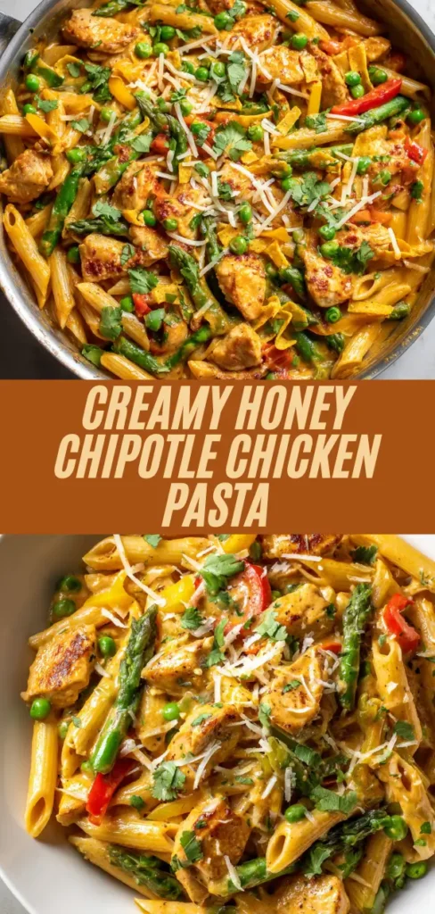 Creamy honey chipotle chicken pasta with chicken, penne, asparagus, bell peppers, peas, cheese and herbs in skillet and bowl views