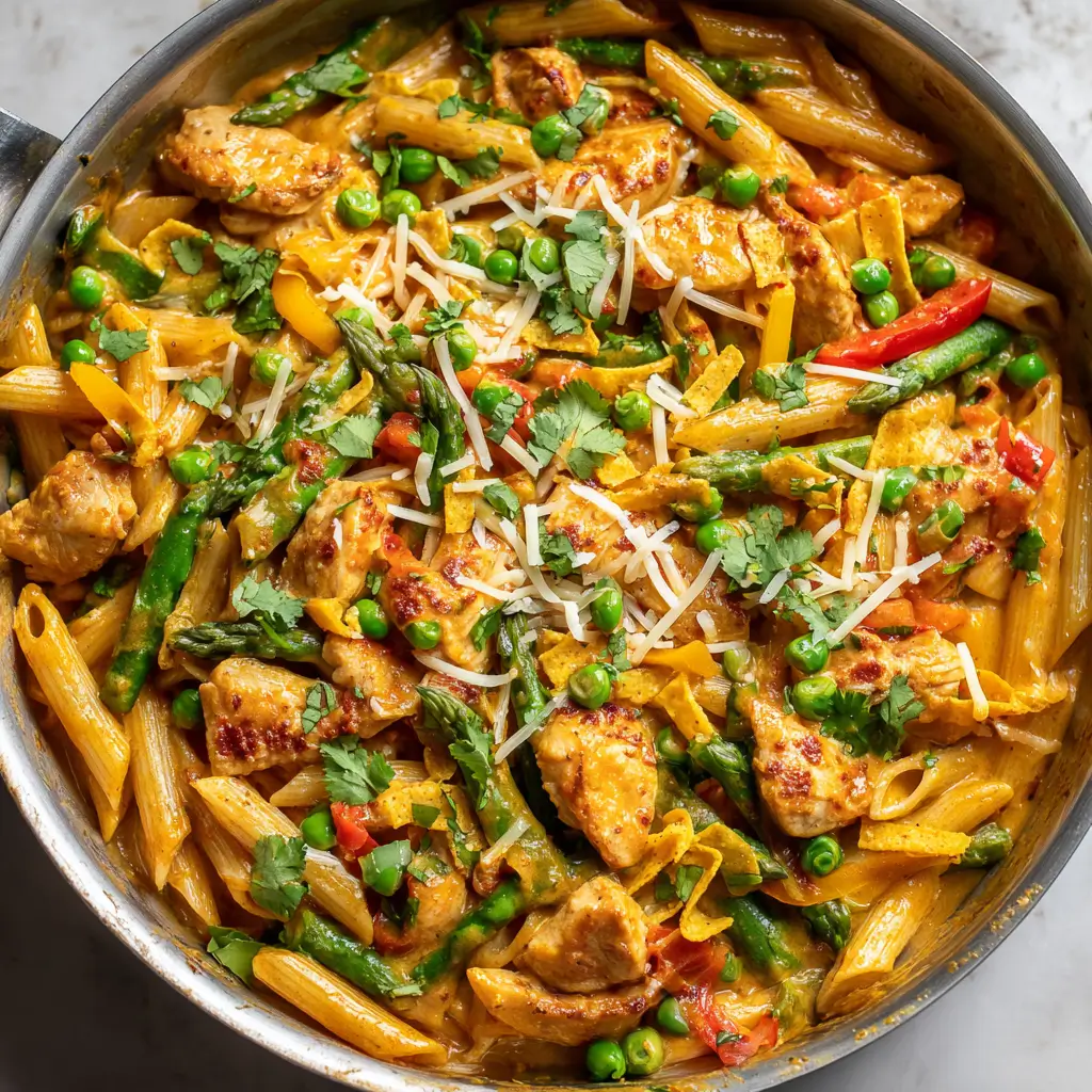 Skillet of creamy honey chipotle chicken pasta with chicken pieces, penne, asparagus, bell peppers, peas, parmesan and cilantro