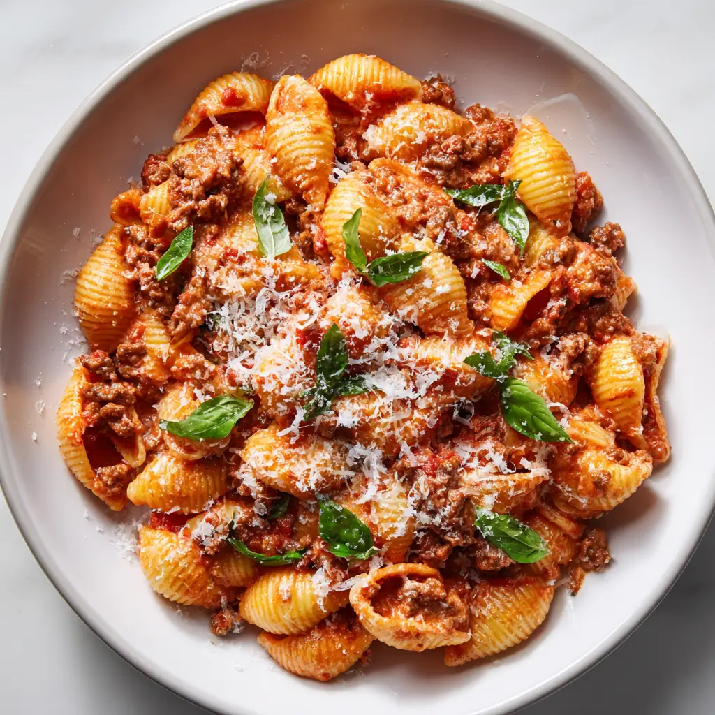 Overhead view of creamy one-pot beef pasta shells tossed with ground beef, tomato cream sauce, parmesan and basil leaves