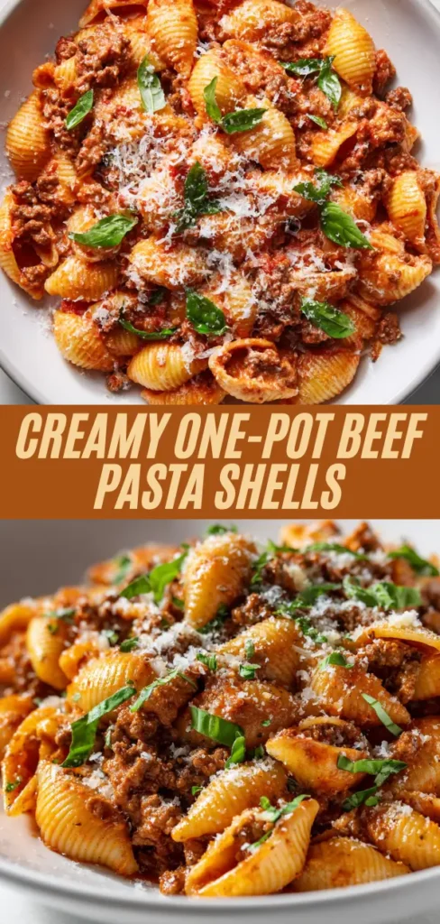 Creamy one-pot beef pasta shells with ground beef, tomato sauce, parmesan cheese and basil in white bowls multiple views