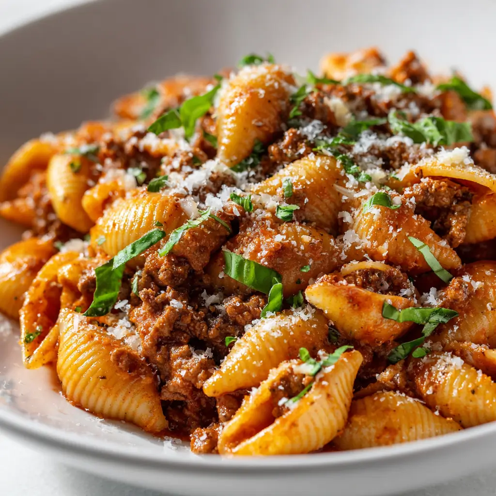 Creamy one-pot beef pasta shells coated in rich tomato cream sauce with ground beef, parmesan cheese and fresh basil