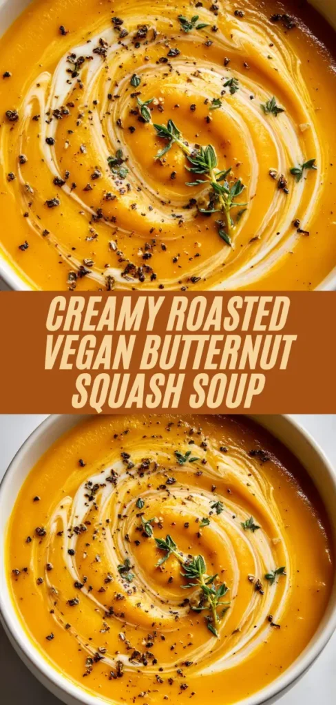 Creamy roasted vegan butternut squash soup recipe swirled with coconut cream, topped with thyme pepper
