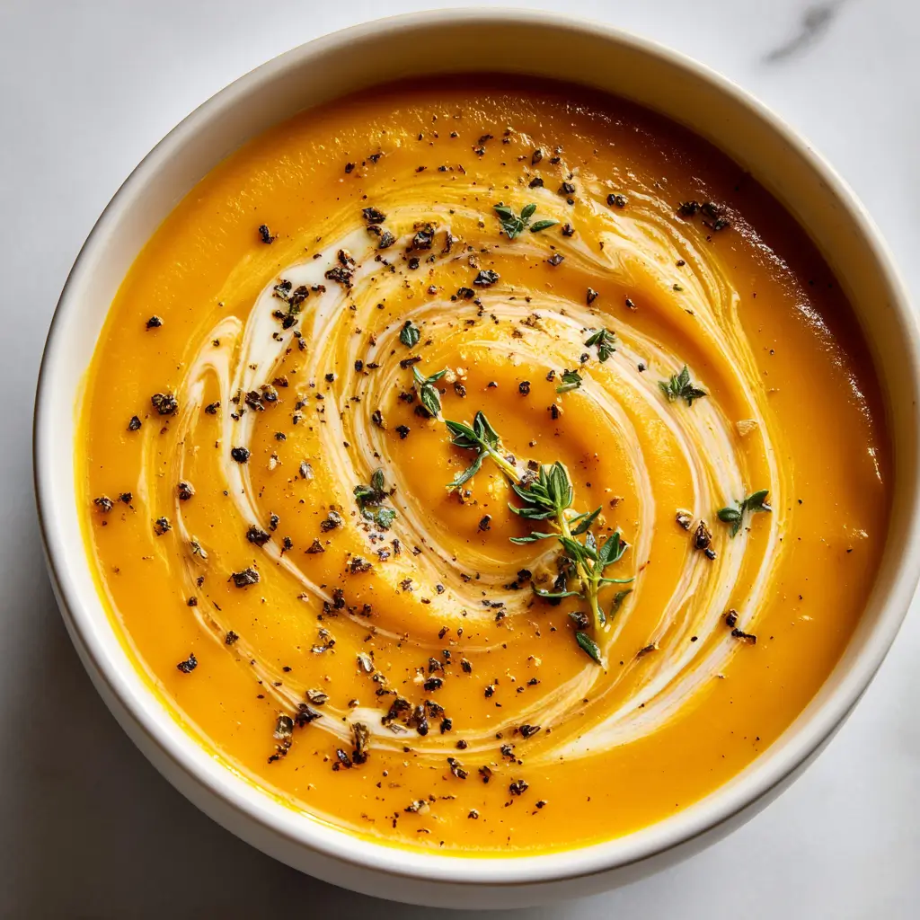 Creamy roasted vegan butternut squash soup garnished with coconut cream, thyme, black pepper