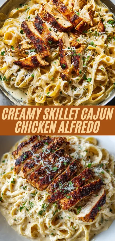 creamy skillet Cajun chicken Alfredo showing blackened chicken, fettuccine in pan and bowl with parmesan parsley
