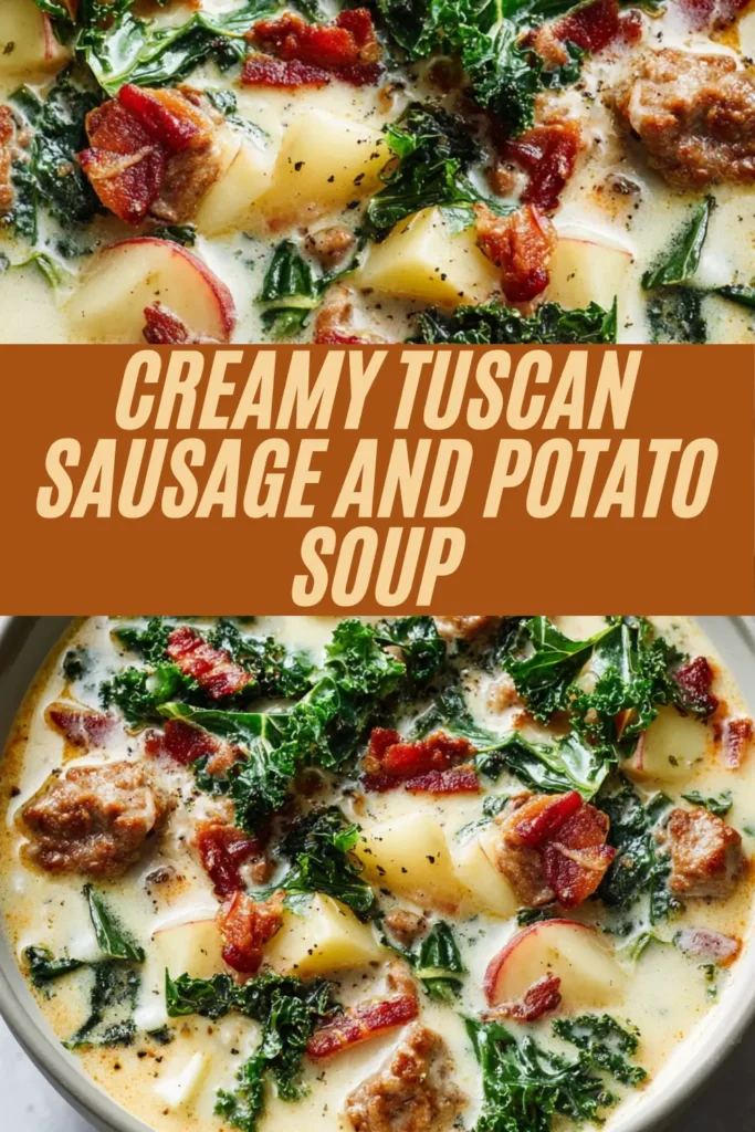 Creamy Tuscan sausage potato soup with kale, bacon, sausage and potatoes in bowls from above