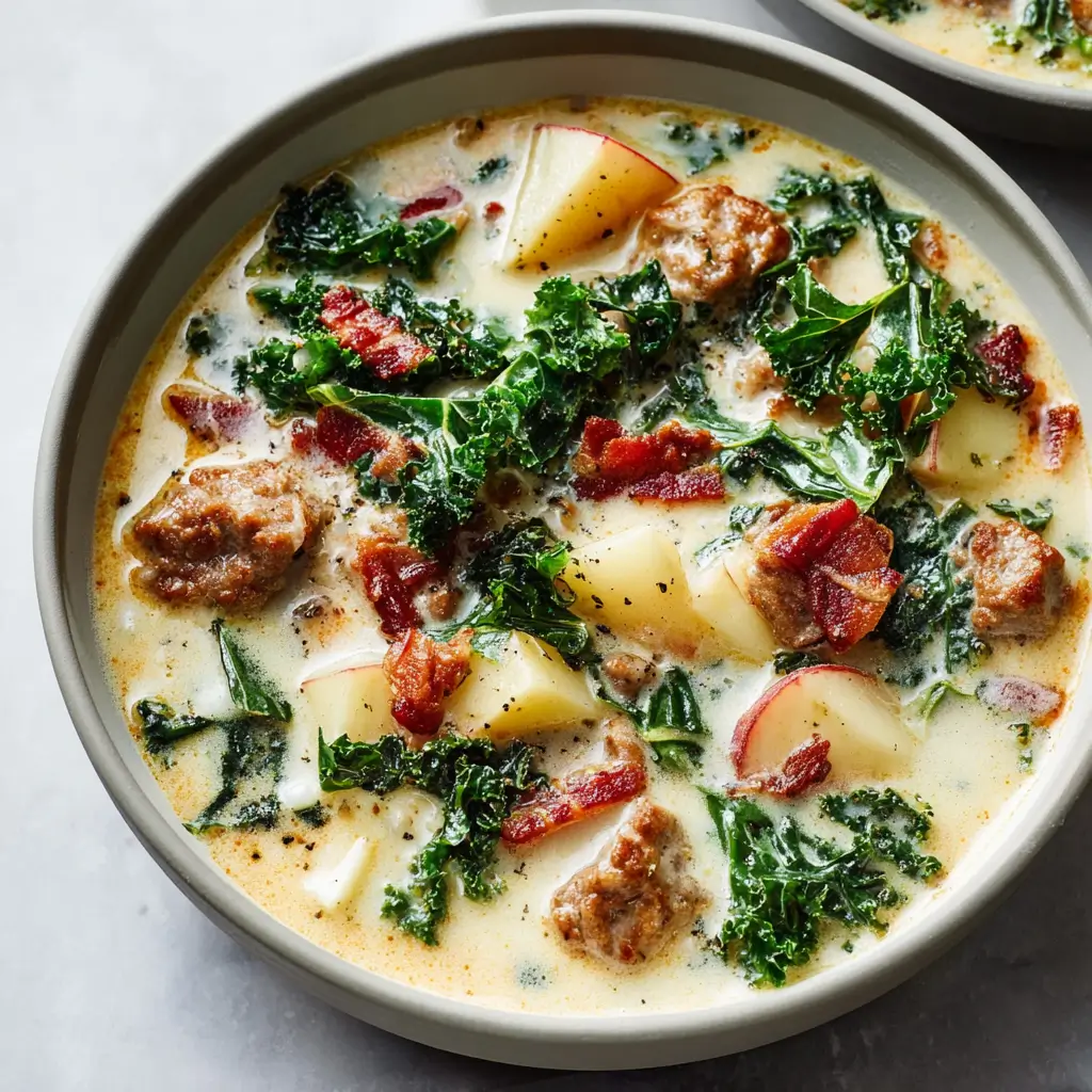 Creamy Tuscan sausage potato soup loaded with kale, sausage pieces, bacon bits and diced potatoes in gray bowls