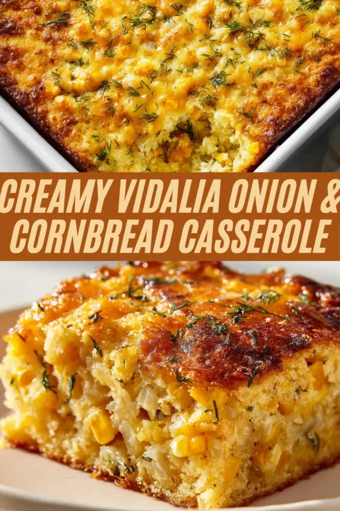 Creamy Vidalia onion cornbread casserole fresh from oven topped with fresh dill, golden cheesy cornbread, corn kernels visible in white baking dish and serving plate.