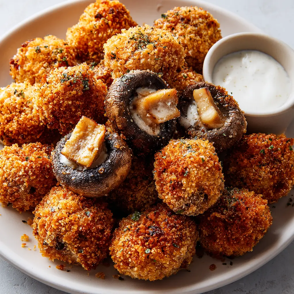 Plate of crispy air fryer ranch breaded mushrooms with golden crumb coating, stuffed mushrooms, and ranch dipping sauce