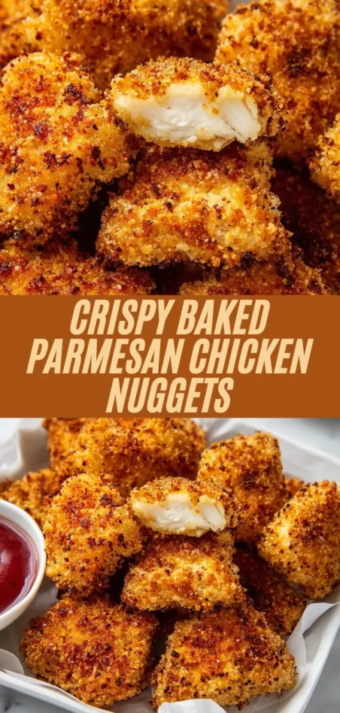 crispy baked parmesan chicken nuggets showing golden crunchy coating, tender chicken interior with ketchup dip