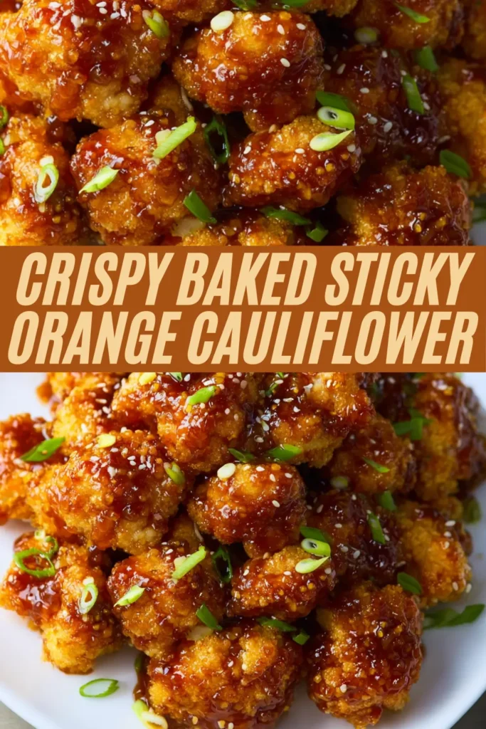 Crispy baked sticky orange cauliflower piled high with glossy orange glaze, sesame seeds, and chopped green onions on a white plate.