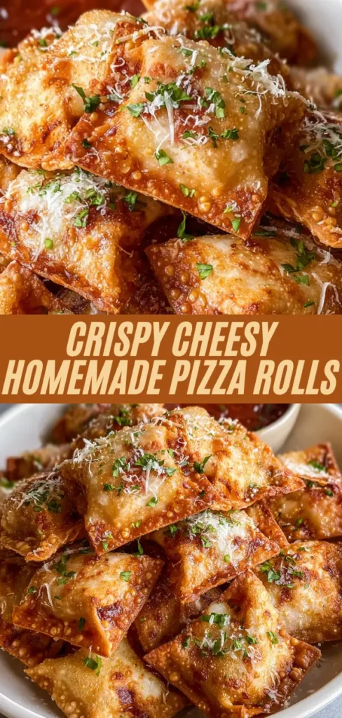 Crispy cheesy homemade pizza rolls recipe with marinara sauce dip, parmesan parsley garnish