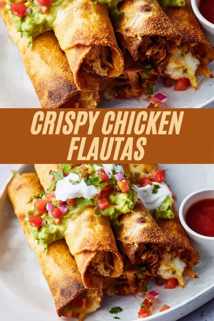 Vertical recipe pin for crispy chicken flautas topped with guac salsa cream and orange title overlay