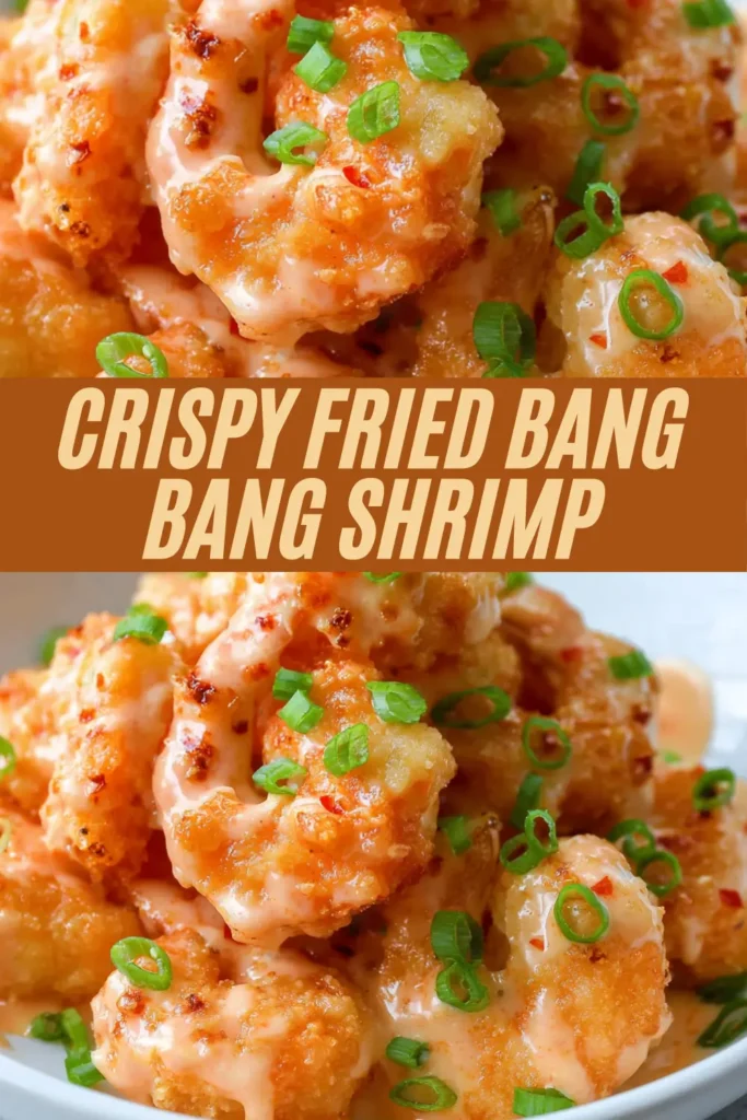 Crispy fried bang bang shrimp closeup with glossy orange sauce, green onions, red peppers piled in white bowl