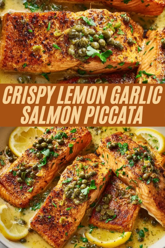 Vertical recipe pin for crispy lemon garlic salmon piccata fillets in lemon caper sauce with orange title overlay