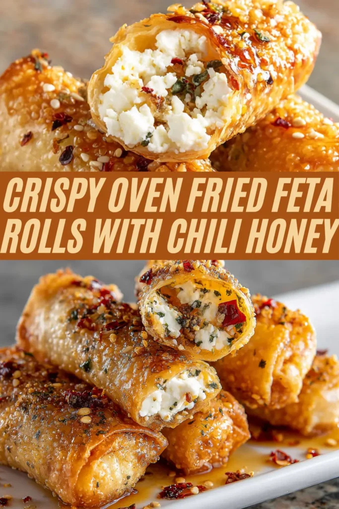 Crispy oven fried feta rolls collage showing cut feta phyllo rolls drizzled with chili honey and stacked on plate