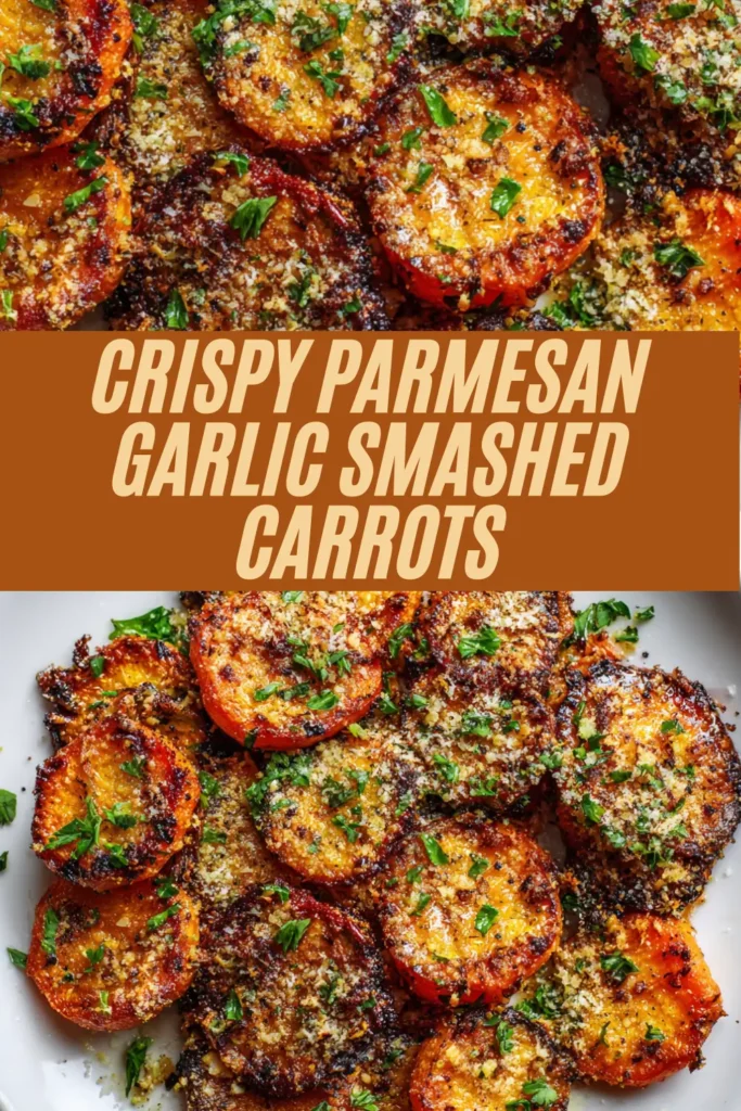 crispy parmesan garlic smashed carrots plated golden roasted with parsley closeup top view