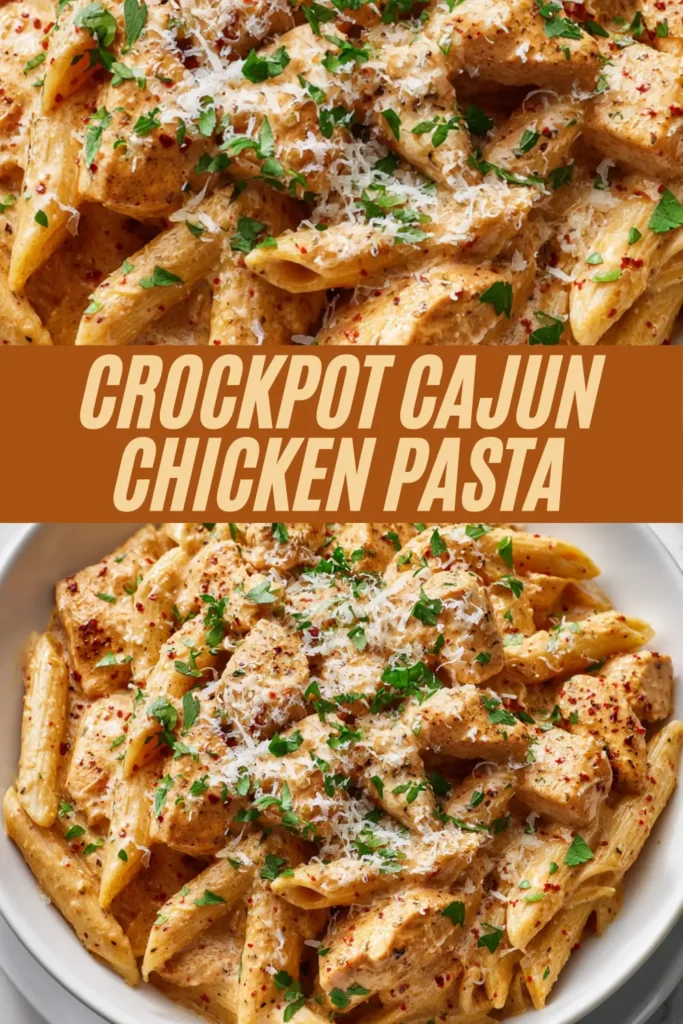 Crockpot cajun chicken pasta recipe pin with creamy spicy penne, chicken, garnished with herbs