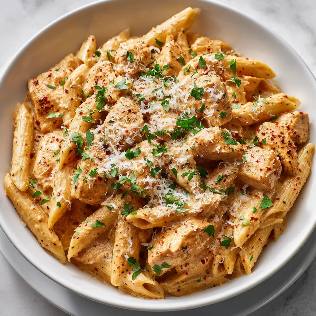 Creamy crockpot cajun chicken pasta with peppers, sausage bits, parsley, parmesan in white bowl