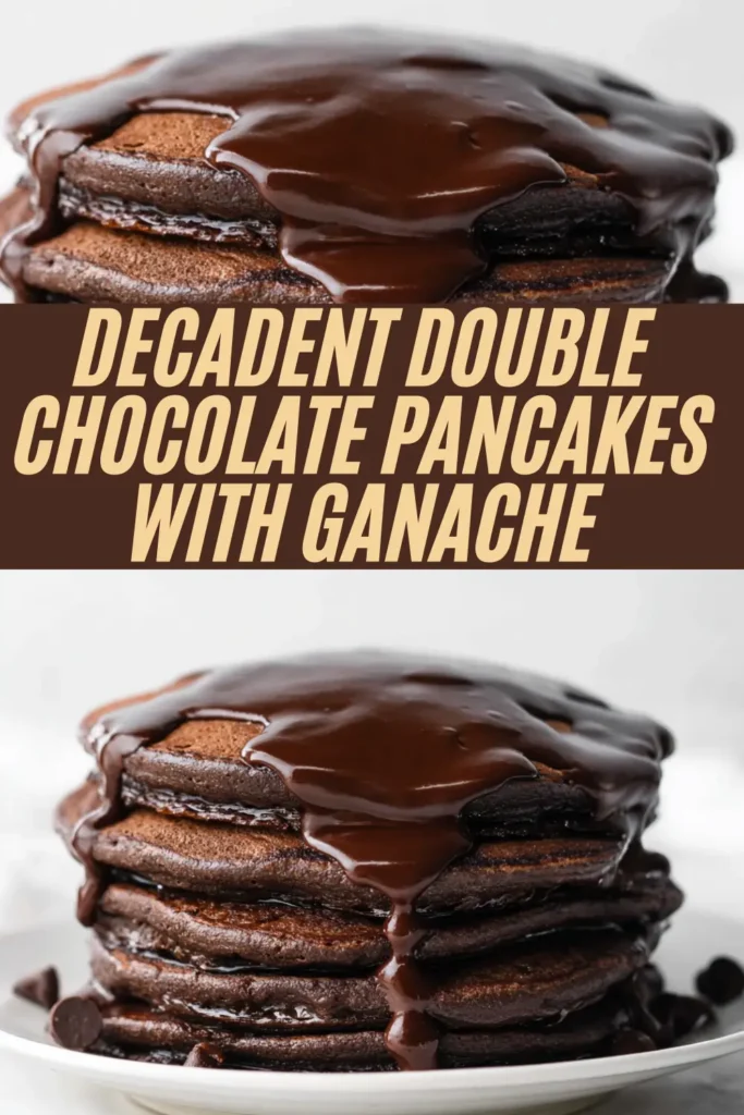 Tall stack of fluffy double chocolate pancakes topped with thick flowing chocolate ganache on a white plate garnished with chocolate chips.