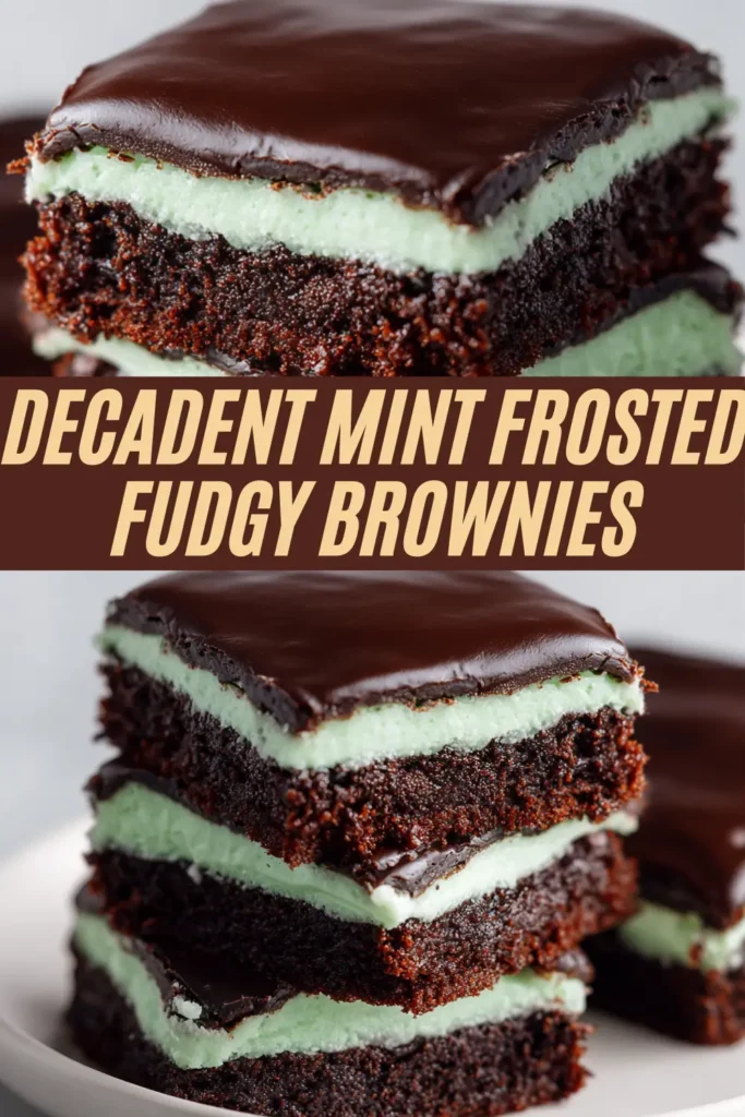 decadent mint frosted fudgy brownies stacked layers chocolate ganache mint frosting closeup