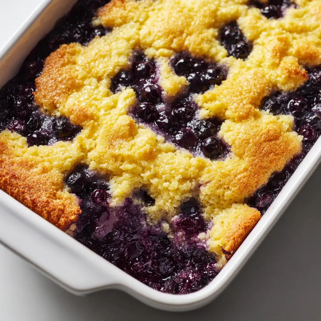 Freshly baked easy 4-ingredient blueberry cobbler in white casserole dish with golden biscuit topping over bubbling purple blueberry filling