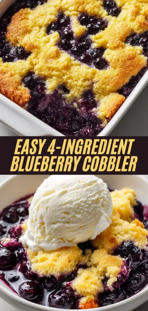 easy 4-ingredient blueberry cobbler baked in dish and served in bowl with vanilla ice cream from multiple angles
