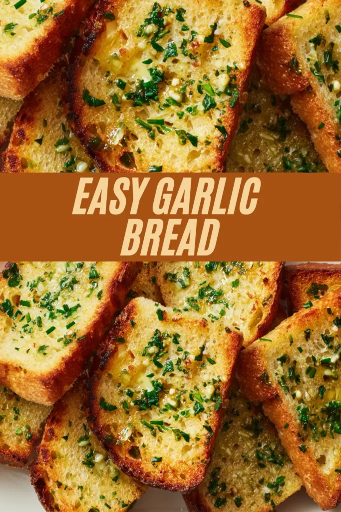 Stack crispy garlic bread slices parsley garlic butter with bold EASY GARLIC BREAD overlay.