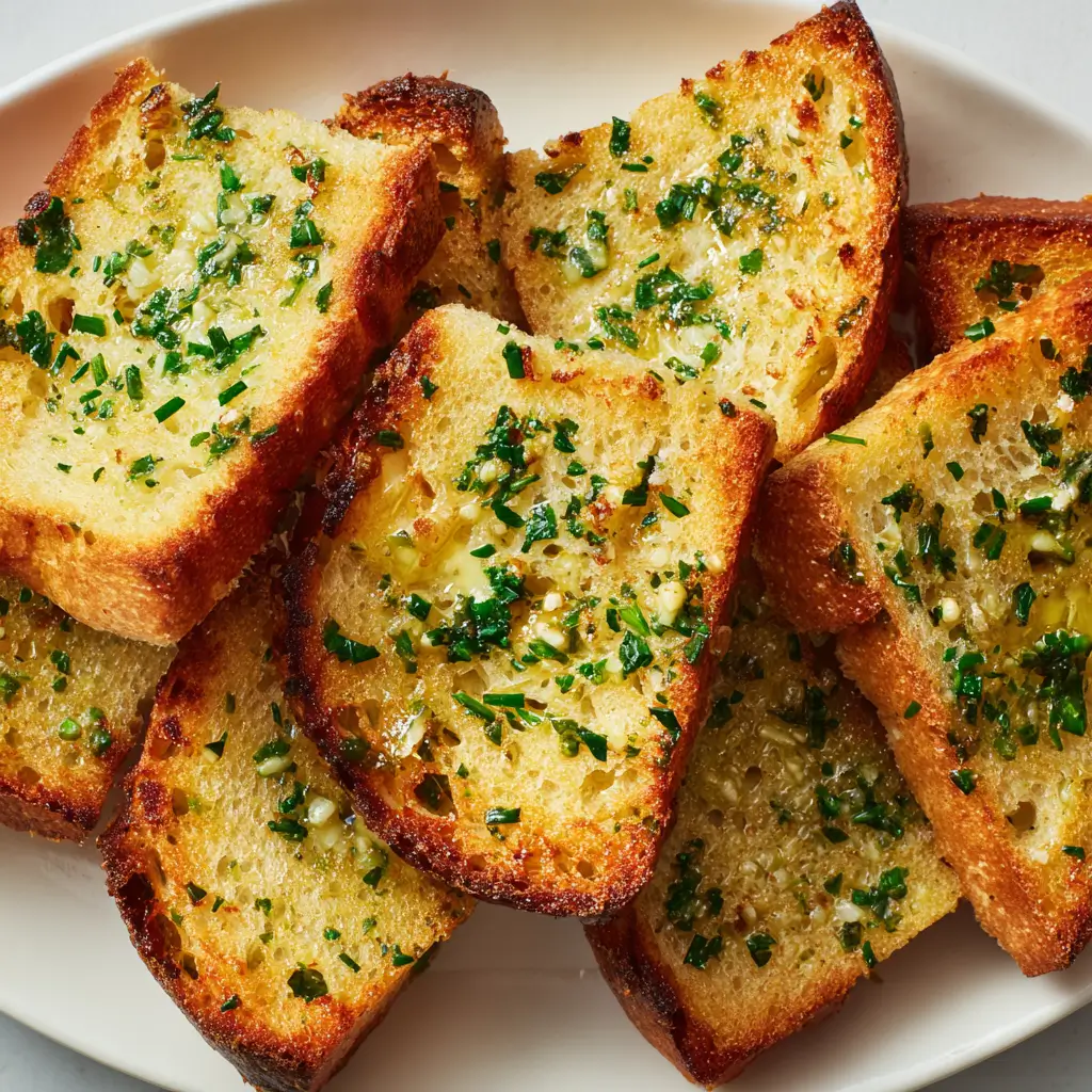 Crispy toasted garlic bread slices slathered in butter, garlic, parsley on white platter.