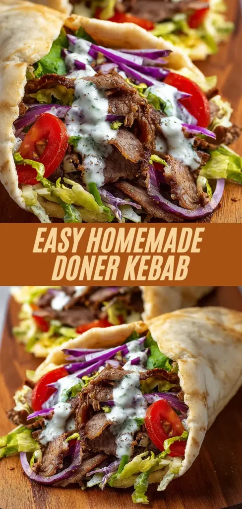 Easy homemade doner kebab recipe in pita wraps with shaved meat, veggies, garlic sauce