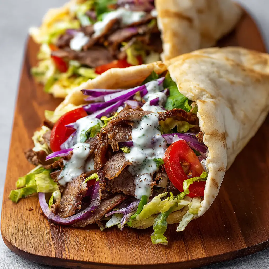 Easy homemade doner kebab wraps with shaved lamb, lettuce, tomatoes, onions, yogurt garlic sauce