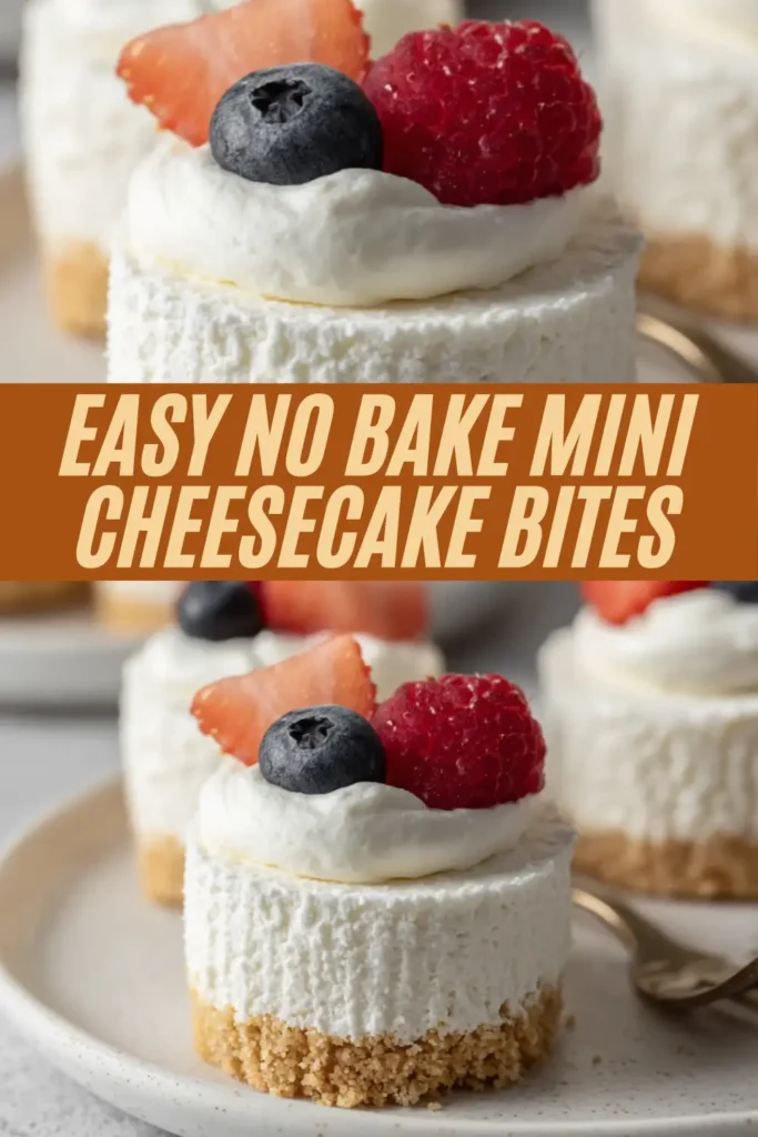 Easy no bake mini cheesecake bites arranged on plates with whipped cream dollops and assorted fresh berries including strawberries blueberries raspberries