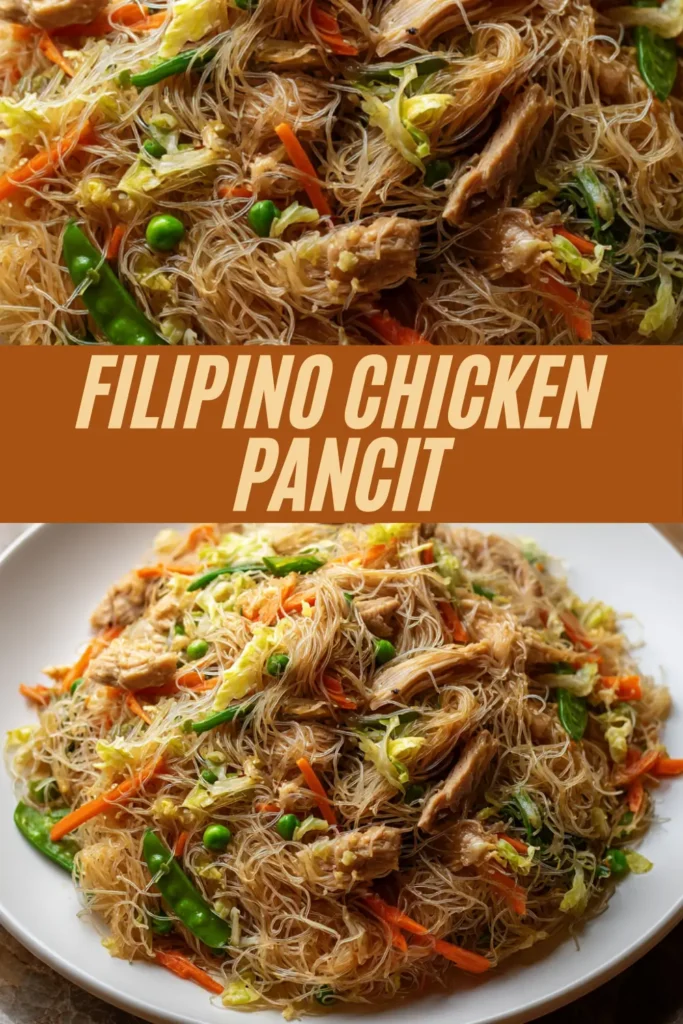 Filipino chicken pancit bihon noodles with chicken cabbage carrots snow peas green beans on plate