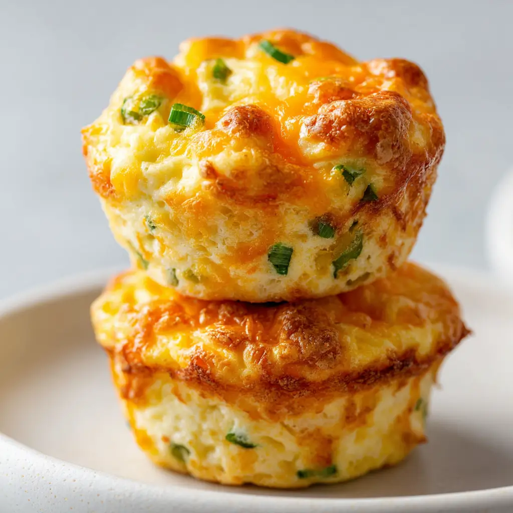 Closeup of two fluffy cottage cheese egg muffins stacked with melted cheddar cheese oozing and green onions on a white plate.