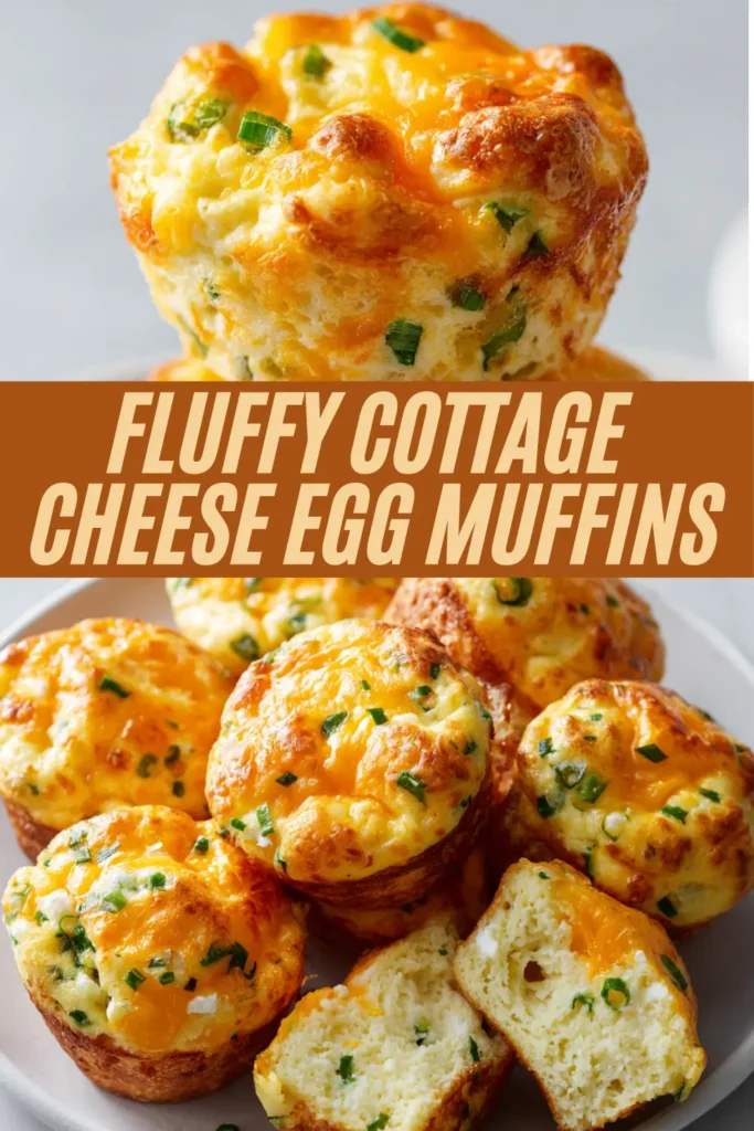 Fluffy cottage cheese egg muffins with cheddar cheese and green onions arranged on a plate and stacked, showcasing fluffy texture and fillings.