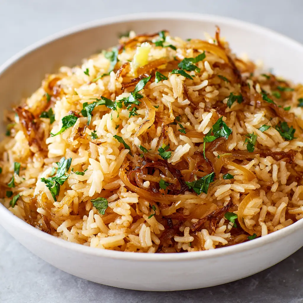 French onion butter rice bowl crispy fried onions parsley lemon white bowl overhead caramelized onions.
