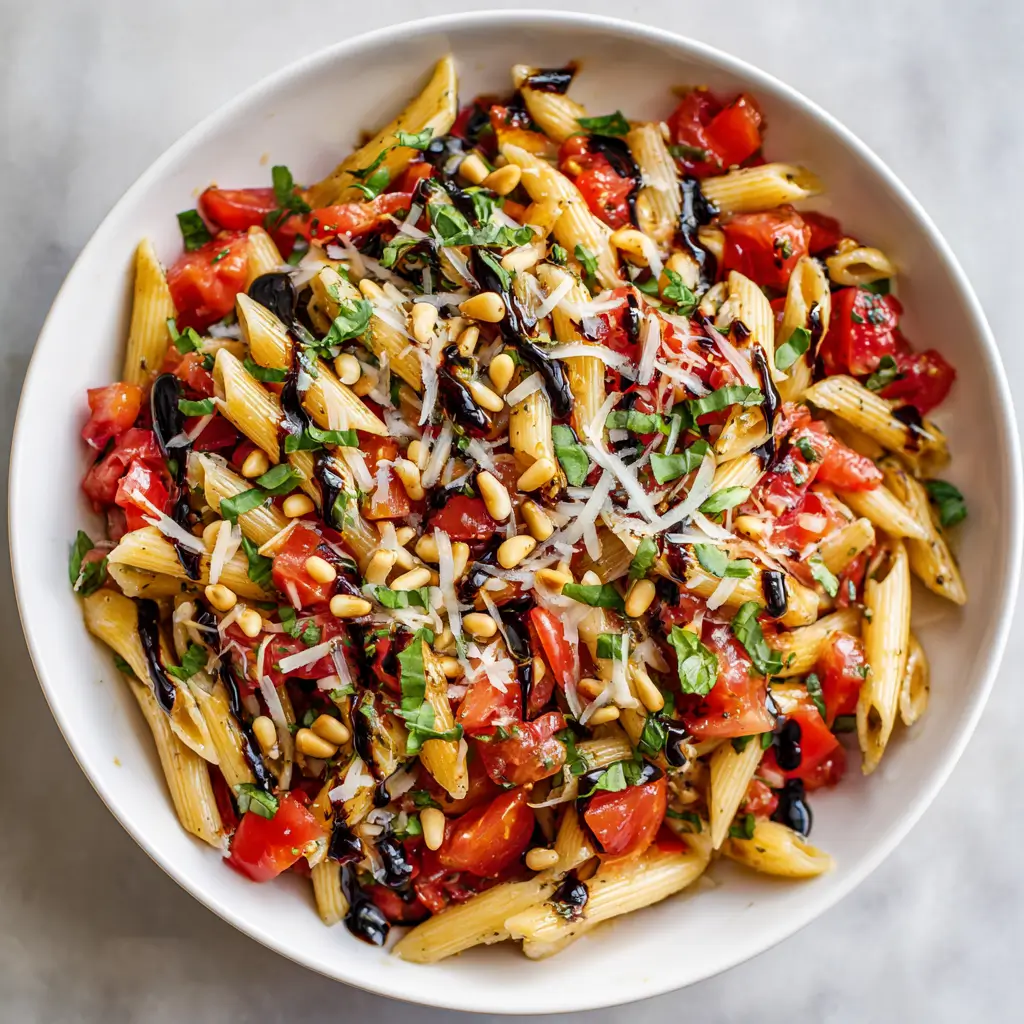 Fresh bruschetta pasta salad with penne, cherry tomatoes, basil, pine nuts, parmesan, balsamic glaze