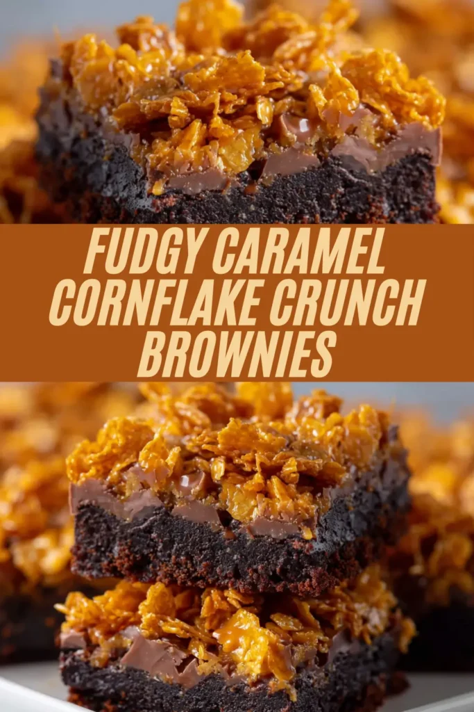 Fudgy caramel cornflake crunch brownies stacked double with caramel oozing and cornflake topping from side view