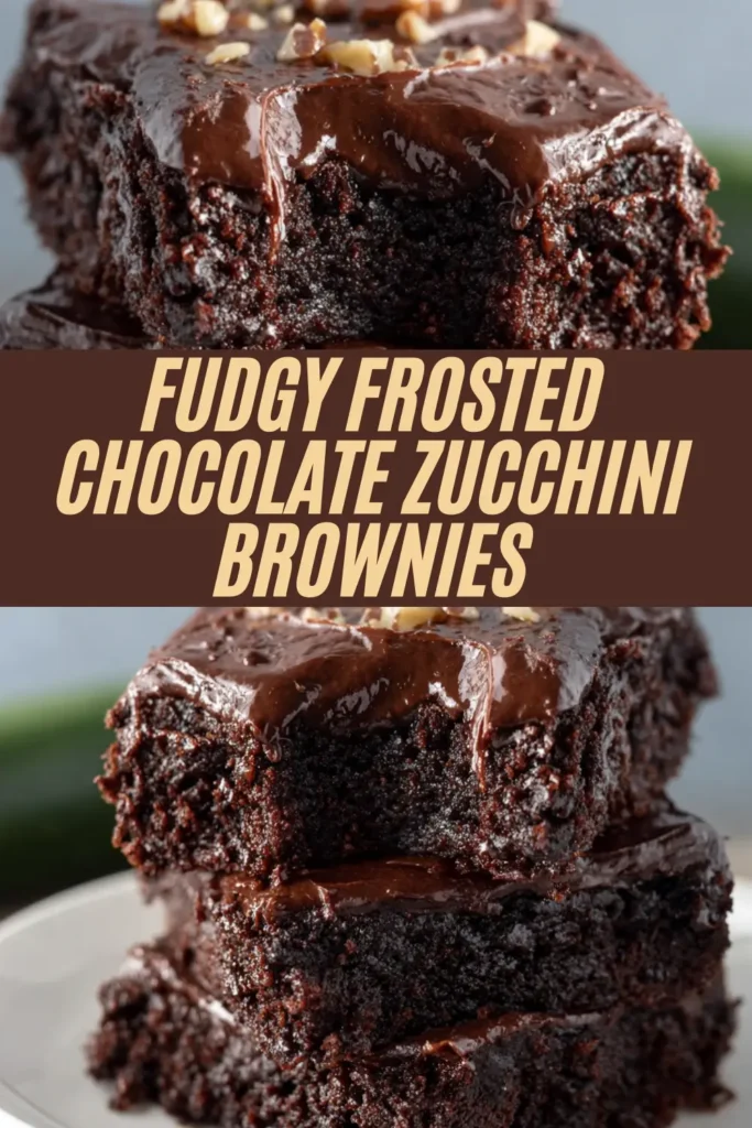 Stacked fudgy chocolate zucchini brownies topped with thick shiny chocolate frosting and scattered walnuts