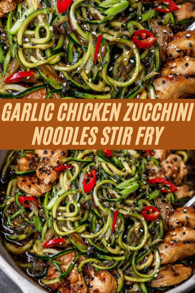 Vibrant garlic chicken zucchini noodles stir fry with zoodles, tender chicken, green onions, sesame seeds, and red chilies in bowl