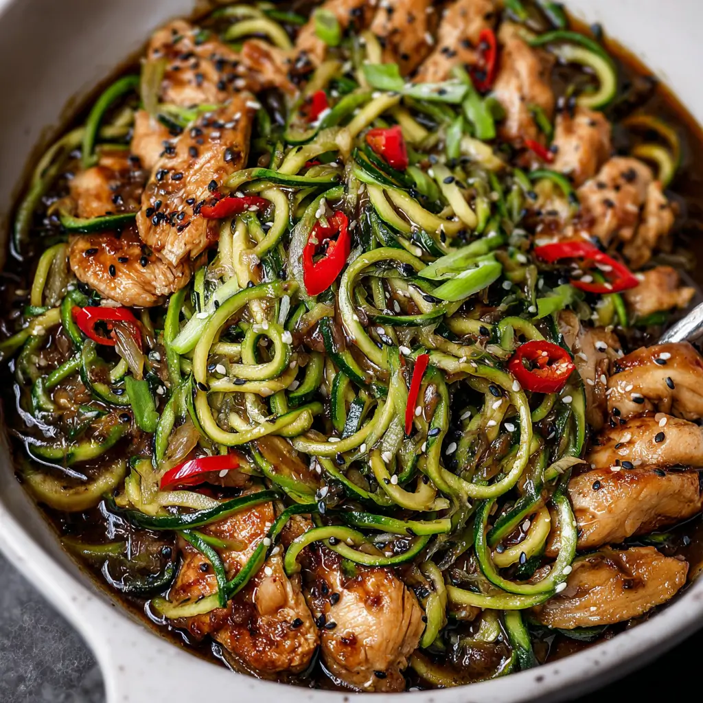 Garlic chicken zucchini noodles stir fry with spiralized zucchini, chicken strips, sesame seeds, and red chili slices in sauce